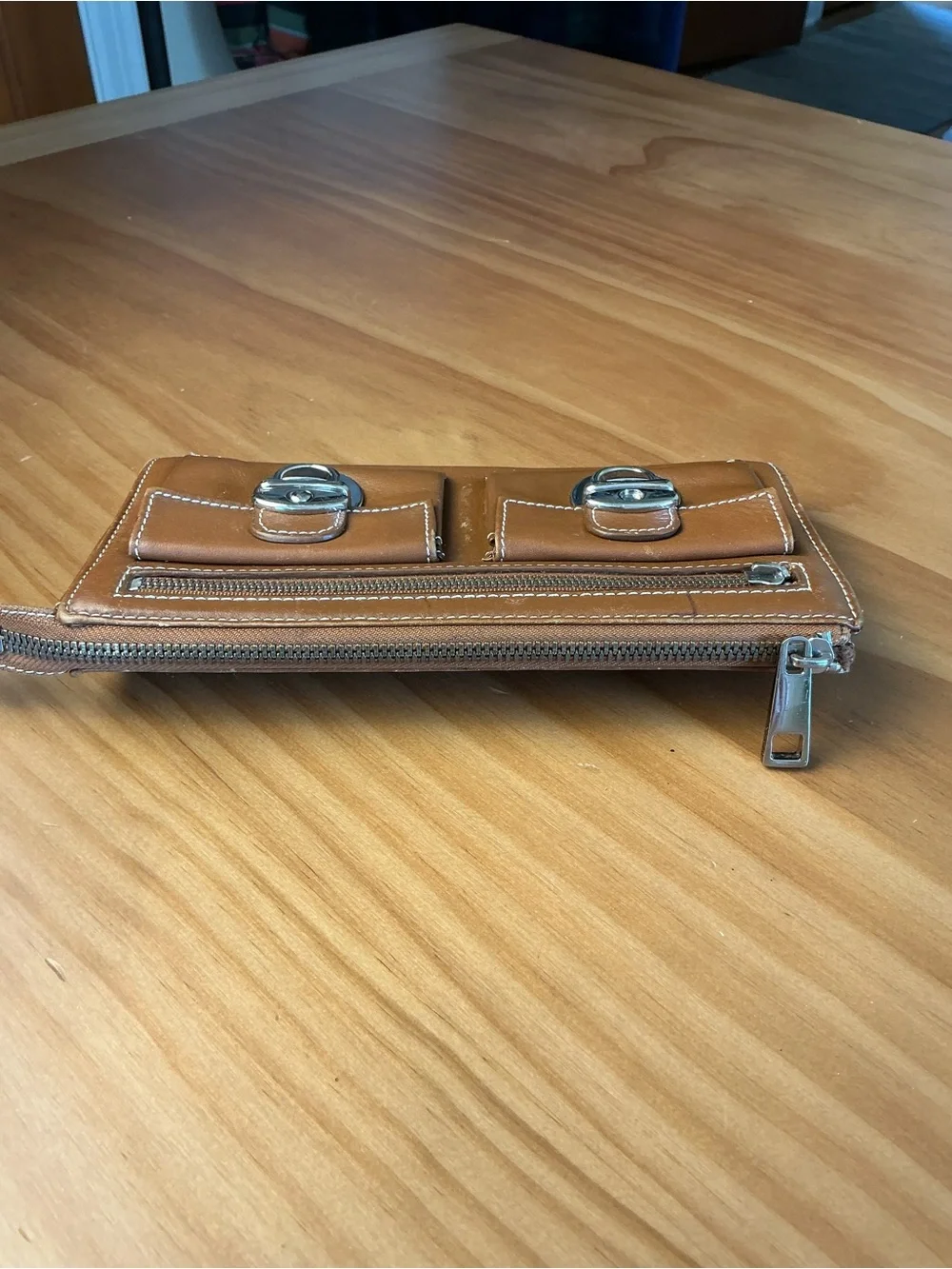 Marc Jacobs Vintage Tan Leather Zip Wallet with Front Buckle Pockets